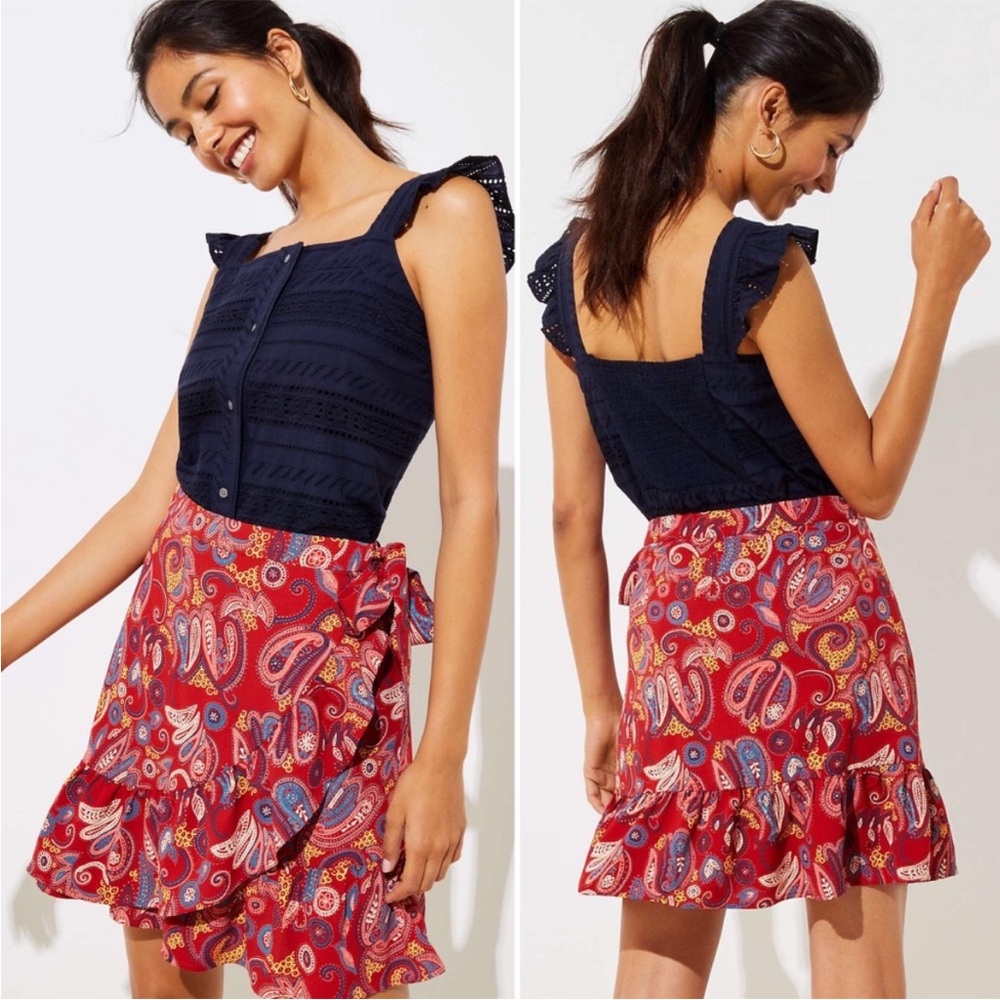 LOFT Red Floral Paisley Ruffle Wrap Skirt 6  mini